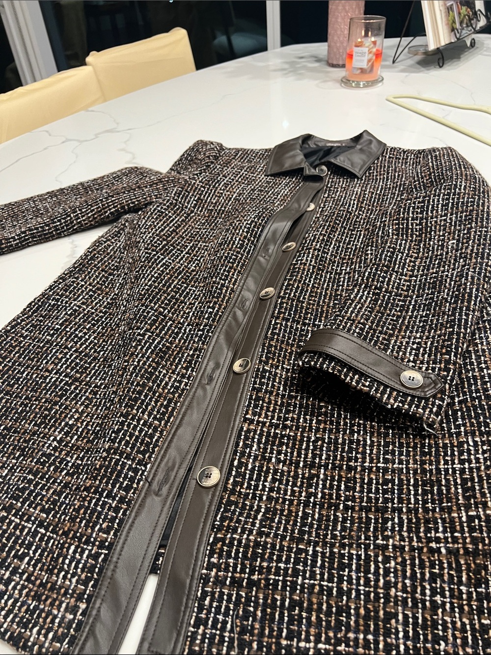 J. McLaughlin Black and Brown Tweed Jacket with Faux Leather Trim